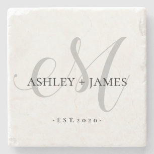  Chic Silver M Monogram Script Name Wedding Date  Stone Coaster