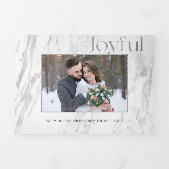 Chic Silver Marble Joyful Typography Photo Tri-Fold Holiday Card (Cover)
