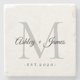 Chic Silver Monogram Script Names Wedding Date Stone Coaster