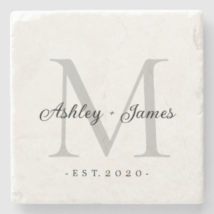 Chic Silver Monogram Script Names Wedding Date Stone Coaster