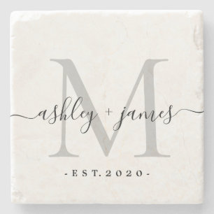 Chic Silver Monogram Script Names Wedding Date Stone Coaster