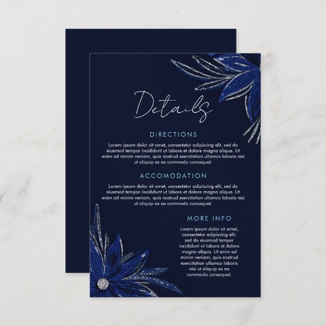 Chic Silver & Navy Blue Floral Wedding Enclosure Card (Front/Back)