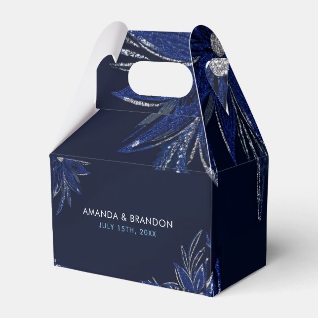 Chic Silver & Navy Blue Floral Wedding Favour Box (Front Side)