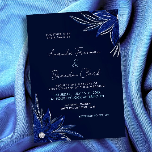 Chic Silver & Navy Blue Floral Wedding Invitation (Creator Uploaded)