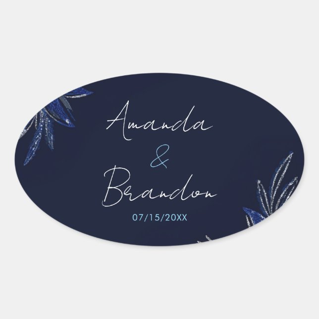 Chic Silver & Navy Blue Floral Wedding Oval Sticker (Front)