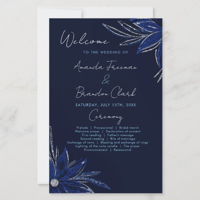 Chic Silver & Navy Blue Floral Wedding Program (Front)