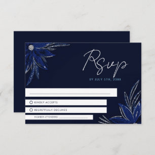 Chic Silver & Navy Blue Floral Wedding RSVP Card
