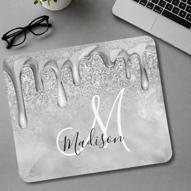 Chic silver ombre glitter drips monogram mouse pad (Creator Uploaded)