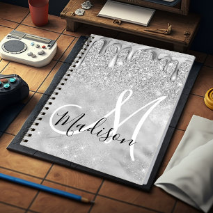 Chic silver ombre glitter drips monogram notebook