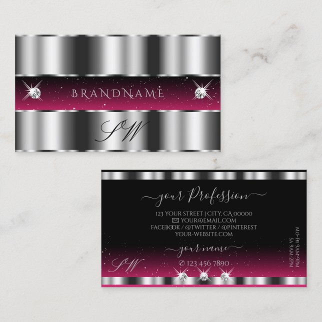 Chic Silver Pink Black Sparkling Diamonds Monogram Business Card (Front/Back)