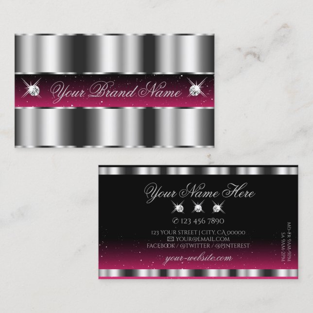 Chic Silver Pink Black Sparkling Diamonds Stylish Business Card (Front/Back)