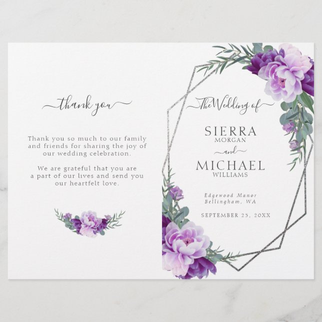 Chic Silver Purple Floral Folded Wedding Program (Front)