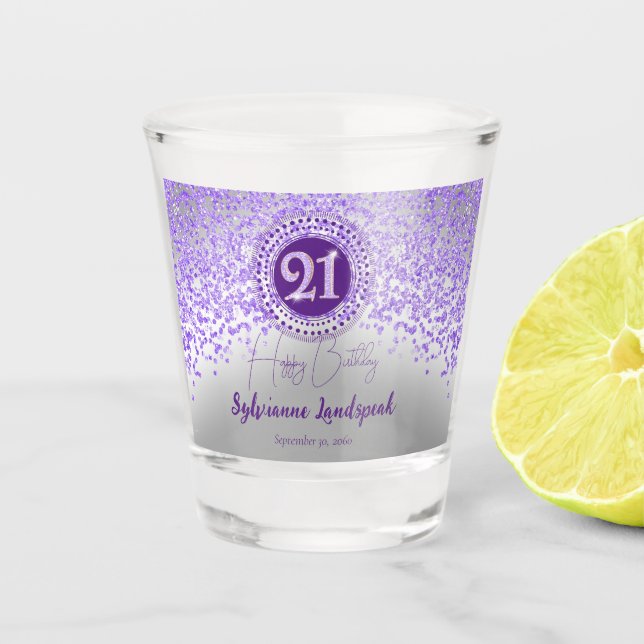 Chic Silver & Purple Glitter 21st Birthday Gift Shot Glass (Front)