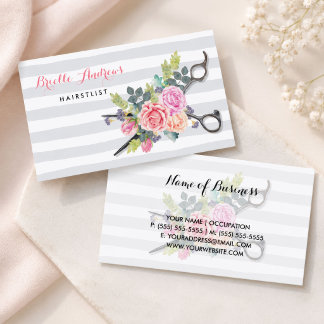 Chic Silver Scissors Hairstylist Stripes and Roses Business Card