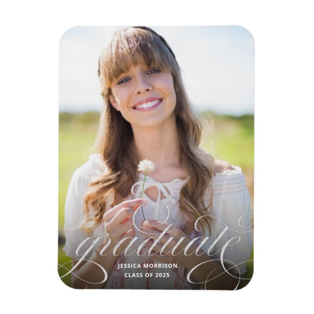 Chic Silver Script Photo Graduation Announcement Magnet (Vertical)