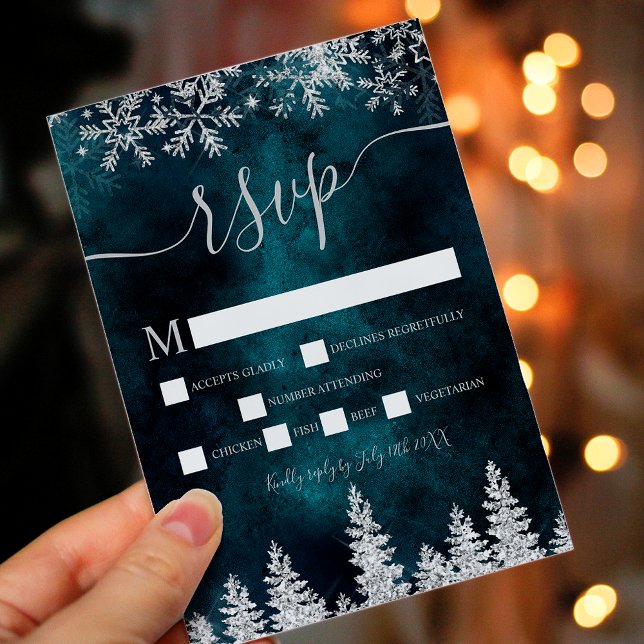 Chic silver snow pine green Christmas winter rsvp Card (Chic silver snow pine green Christmas winter rsvp)