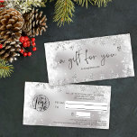 chic silver snow pine logo gift certificate<br><div class="desc">Modern logo gift certificate with this luxury silver glitter snowflakes sparkles and silver glitter pine tree forest on an elegant festive faux silver metallic background,  featuring a modern cool script font typography. Perfect gift for anyone! Add your logo.</div>