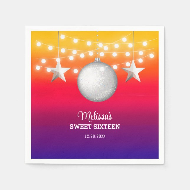 Chic Silver Star String Light Gradient Birthday Napkin (Front)