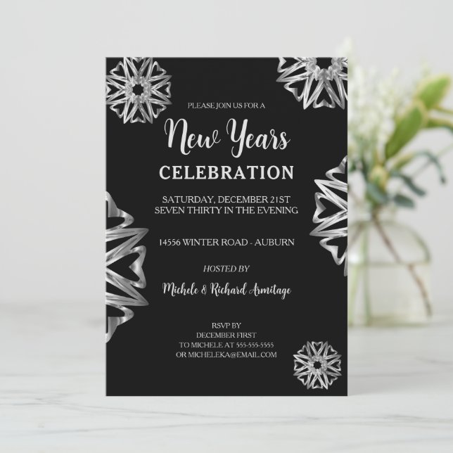 Chic Silver Stars New Years Invitation (Standing Front)