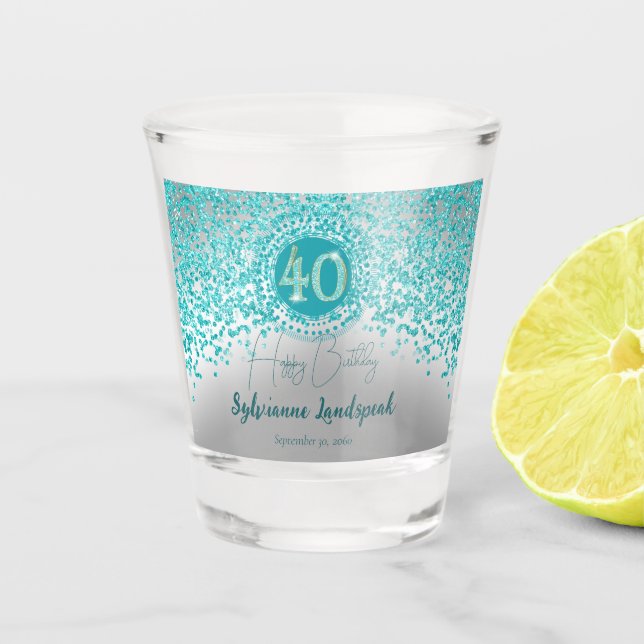 Chic Silver & Teal Blue Glitter 40th Birthday Gift Shot Glass (Front)