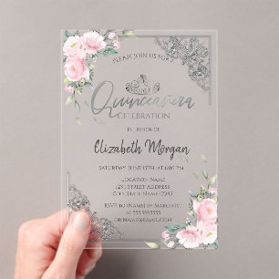 Chic Silver Tiara,Diamond Pink Flowers Quinceañera Acrylic Invitations
