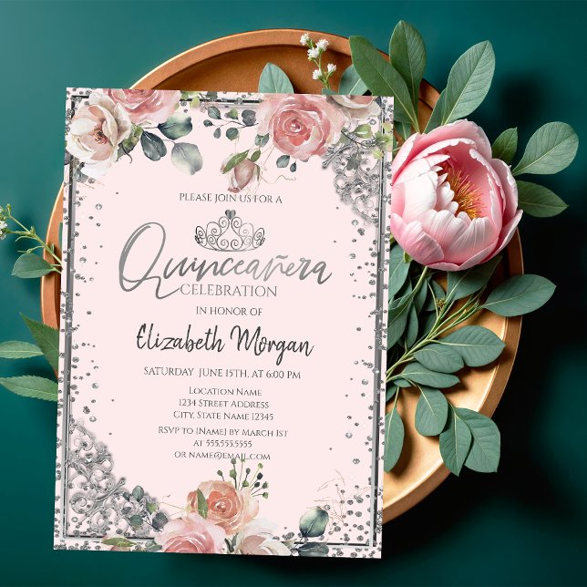 Chic Silver Tiara,Diamond Pink Roses Quinceañera Invitation (Creator Uploaded)