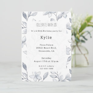 Chic Silver White Floral Birthday   Invitation