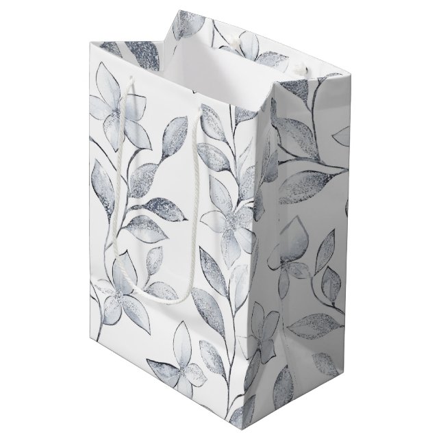 Chic Silver White Floral Wedding Medium Gift Bag (Front Angled)