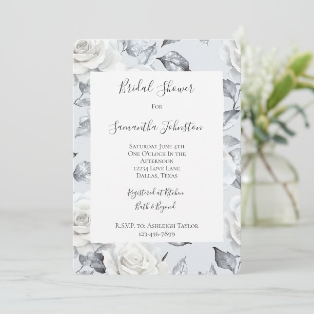 Chic Silver White Roses Floral Bridal Shower Invitation (Standing Front)