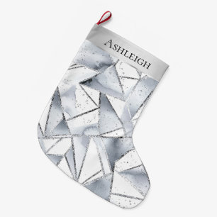 Chic Silver White Triangles Sparkle Christmas Large Christmas Stocking