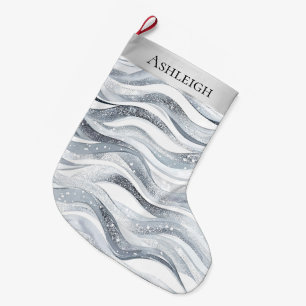 Chic Silver White Wavy Stripes Christmas   Large Christmas Stocking