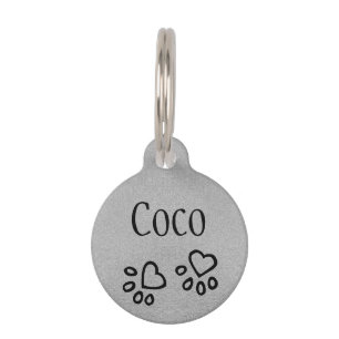 Chic Silvery Grey Name w/ Heart Paw Print Custom Pet Tag