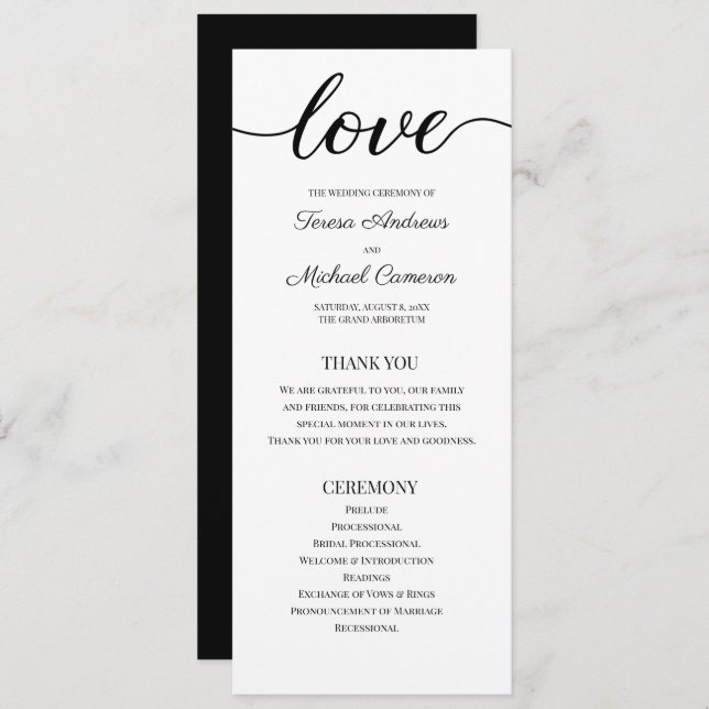 Chic Simple Black and White Wedding Love Script Programme (Front/Back)