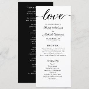 Chic Simple Black and White Wedding Love Script Programme