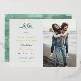 Chic Simple Blue & Green Branch Wedding Photo