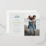 Chic Simple Blue & Green Branch Wedding Photo Foil Invitation Postcard<br><div class="desc">This minimalist wedding design is perfect for that modern couple looking for something unique. This foil postcard invitation features a watercolor branch with gorgeous modern typography underneath and your own custom photo on the right-hand side against a pastel blue background. On the back, there is a green watercolor wash to...</div>