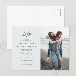 Chic Simple Blue & Green Branch Wedding Photo Invitation Postcard