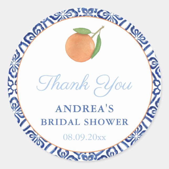 Chic Simple Citrus Blue Tiles Bridal Shower Favour Classic Round Sticker (Front)