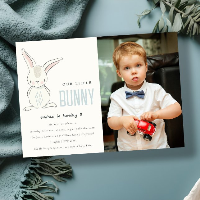 Chic Simple Cute Blue Bunny Boys Photo Kids Invitation (Creator Uploaded)