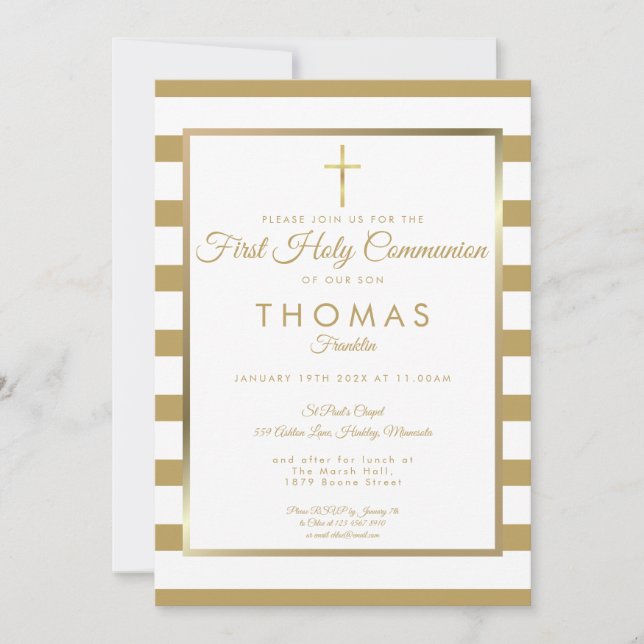 Chic Simple Gold Cross First Holy Communion Invitation (Front)