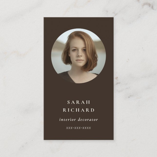 Chic Simple Minimal Dark Brown Professional Photo Business Card (Front)