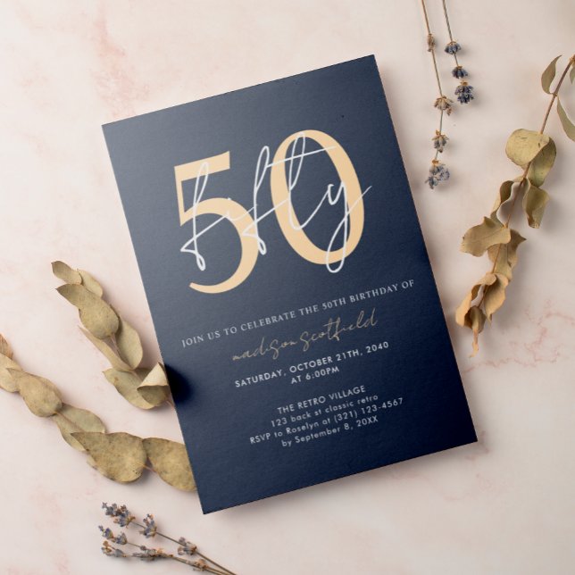 Chic Simple Minimalist Blue Gold 50th Birthday Invitation (Creator Uploaded)