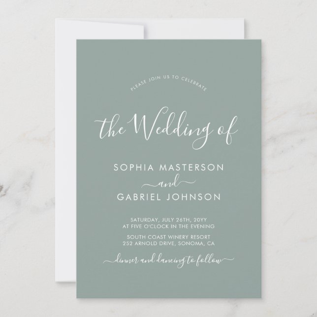Chic Simple Modern Calligraphy Sage Green Wedding Invitation (Front)