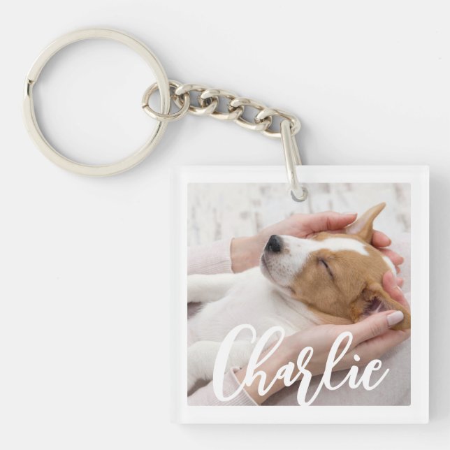Chic Simple Modern Dog Name 2 Photo Key Ring (Front)