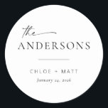 Chic   Simple Modern Script Wedding Favour Sticker<br><div class="desc">These simple, modern round stickers are the perfect touch for your wedding favours or gift bags! Featuring a handwritten script font paired with simple serif and sans serif fonts. Customise the stickers with your new last name, the couple's names, and the date or your own sub-text. If you love this...</div>