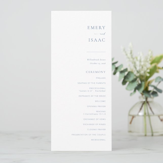Chic + Simple Modern Script Wedding Program | Blue Menu (Standing Front)
