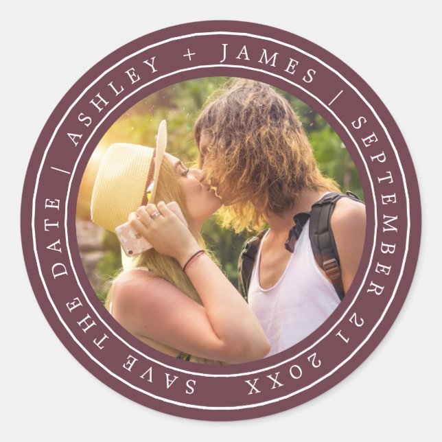Chic Simple Save the Date Wedding Photo Burgundy Classic Round Sticker (Front)
