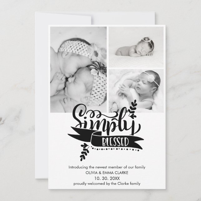 Chic Simply Blessed 3 Photo Birth Announcement (Front)