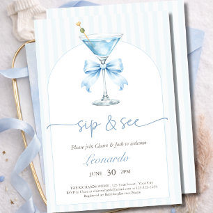 Chic Sip and See Dusty Blue Stripes Baby Arch Invitation