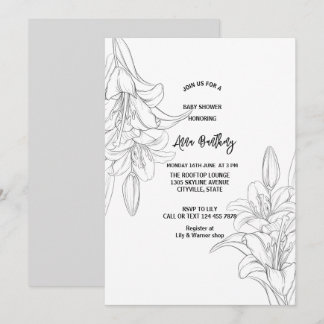 chic sketch line drawing lily floral baby shower invitation